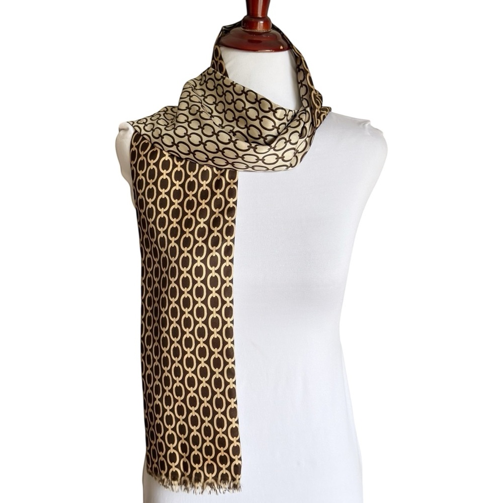 Loft Silk Patterned Scarf Wrap Shawl Double Sided Brown Beige Tan Women’s